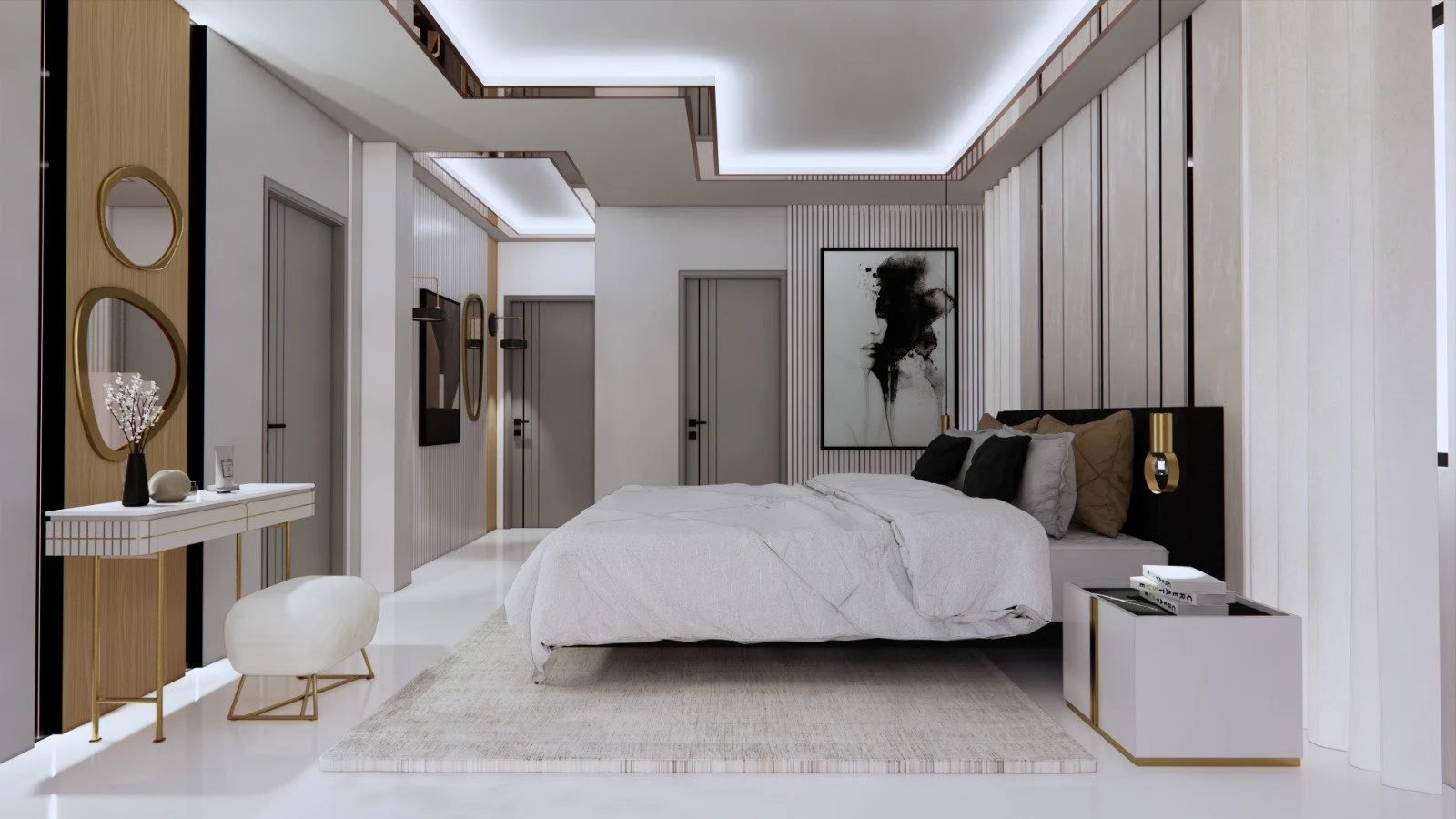 Bedroom with fluted panelling, cove lighting and a dressing console