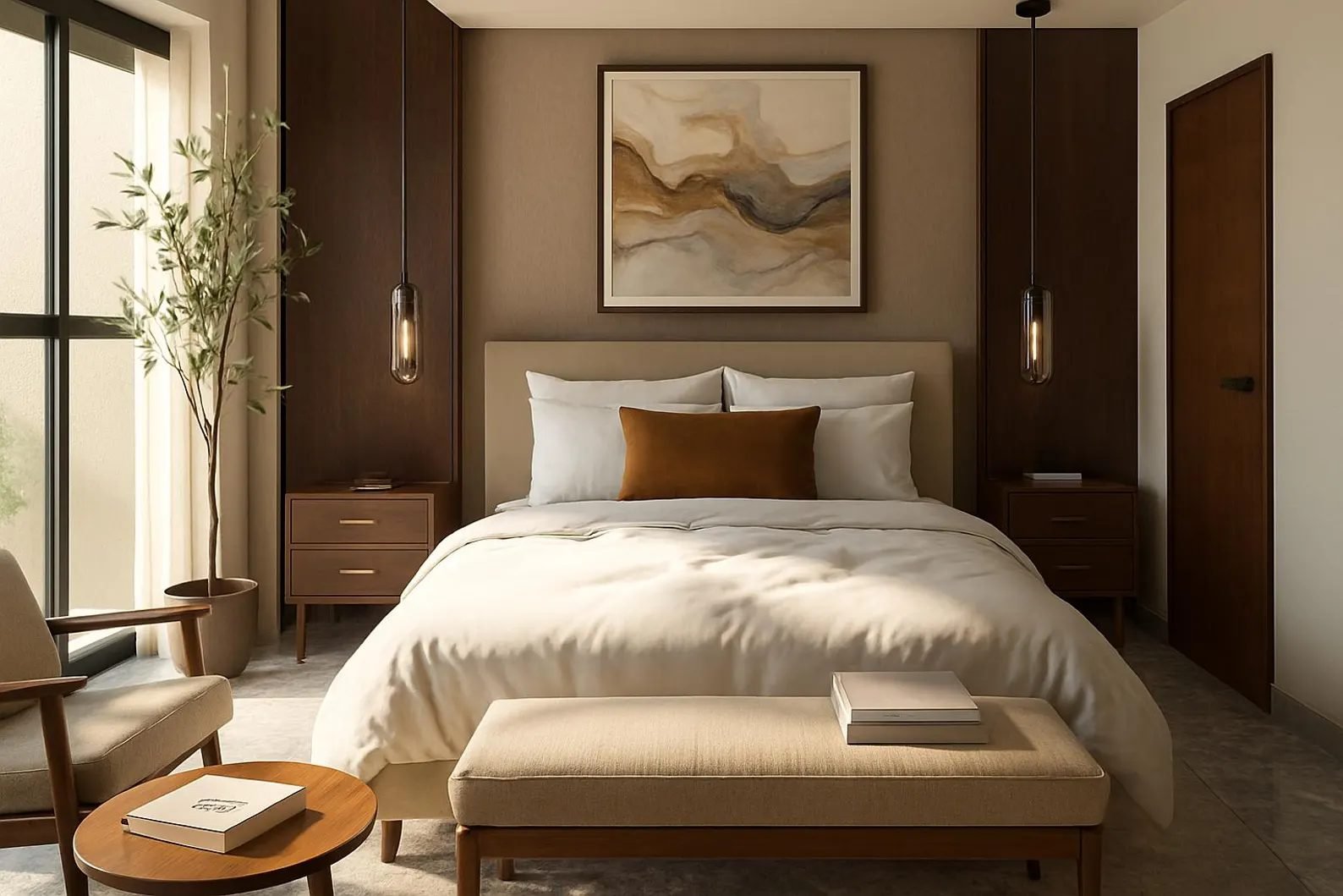 Master bedroom in warm earth tones with a fabric headboard and pendant lights
